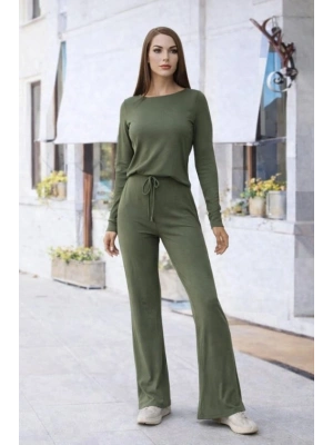 Kadın Bisiklet Yaka Crop Ve Ispanyol Paça Pantolon Ikili Takım