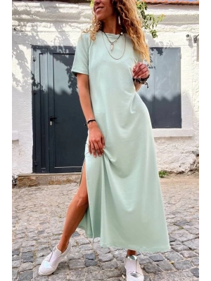 Kadın Bisiklet Yaka Kısa Kollu Derin Yırtmaç Detaylı Maxi Boy Elbise