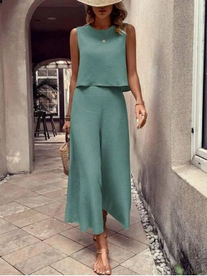 Kadın Bisiklet Yaka Kolsuz Bluz Ve Bol Paça Aerobin Kumaş Ikili Takım