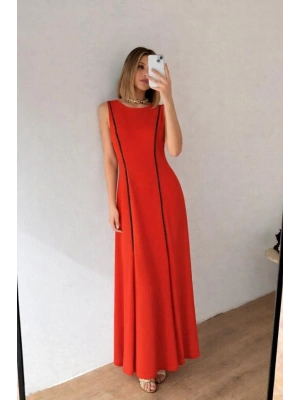 Kadın Bisiklet Yaka Kolsuz şerit Ve Plise Detay axi Boy Elbise