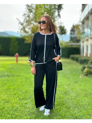 Kadın Bisiklet Yaka Truvakar Kol Biye Detay Bluz Ve Yüksek Bel Lastikli Pantolon Ikili Takım