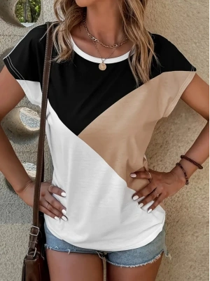 Kadın Bisiklet Yaka üç Renk Viskon Tshirt