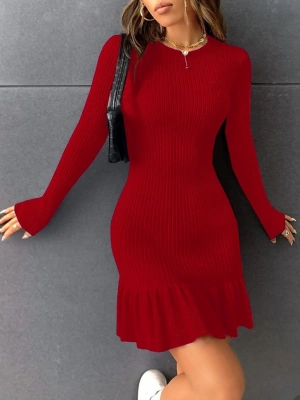 Kadın Bisiklet Yaka Uzun Kol Etek Ucu Fırfırlı Triko (polyenit) Yılbaşı özel Mini Boy Elbise