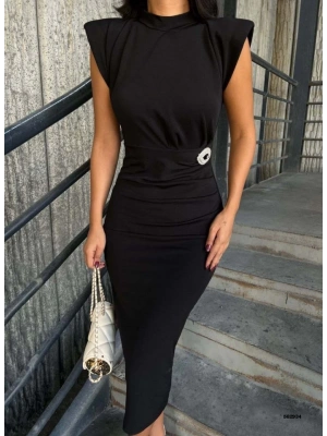 Kadın Bisiklet Yaka Vatkalı Broş Detay Kısa Kol Midi Boy Elbise