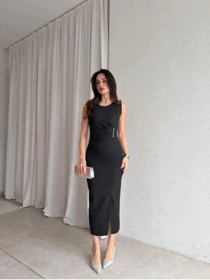 Kadin Bisiklet Yaka Yandanda Kulplu Yirtmac Detay axi Boy Elbise