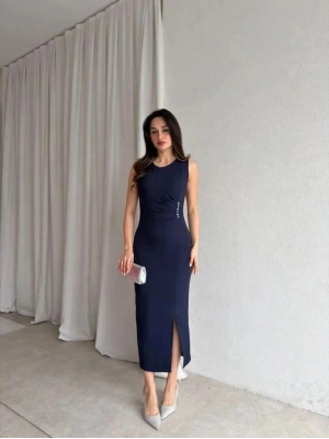 Kadin Bisiklet Yaka Yandanda Kulplu Yirtmac Detay axi Boy Elbise