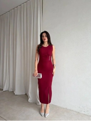 Kadin Bisiklet Yaka Yandanda Kulplu Yirtmac Detay axi Boy Elbise