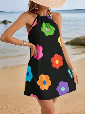 Kadın Boyundan Askılı Kolsuz çiçek Desenli Süprem Elbise