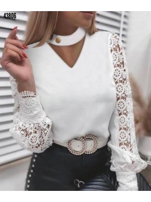 Kadın Boyundan Bağlamalı V Yaka Kolları Dantel Detay Fırsat ürünbluz