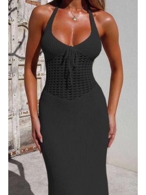 Kadın Boyundan Ve Sırttan Bağlamalı Dekolteli Triko Uzun Elbise