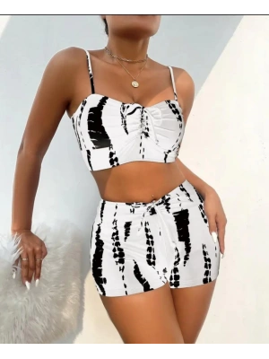 Kadın Büzgü Detay Askılı Crop Mini Tayt Ikili Takım