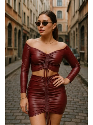 Kadın Büzgülü Deri Etek Takım Fırsat Ürün