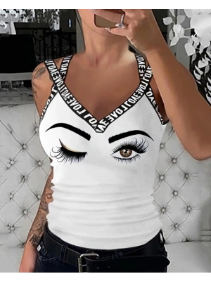 Kadın çapraz Love şeritli Göz Baskılı Viskon Bluz