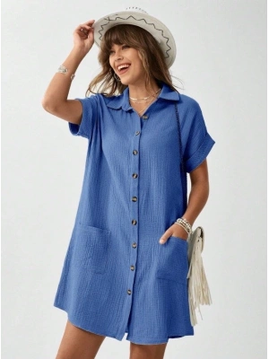 Kadın Cep Detay üslin Kumaş ini Gömlek Elbise