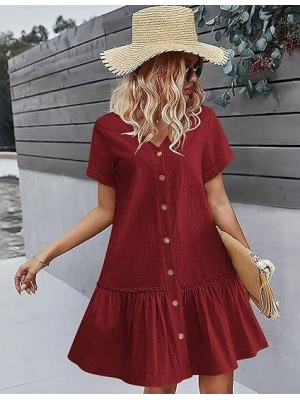 Kadın Cep Detaylı Düğmeli Sofya Keten Kumaş Elbise