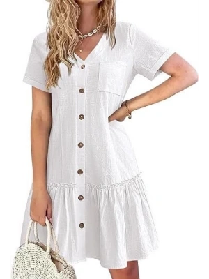 Kadın Cep Detaylı Düğmeli Sofya Keten Kumaş Elbise