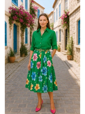 Kadın çiçek Desen Baskılı Pileli Süprem Kumaş Midi Etek (kemersiz)