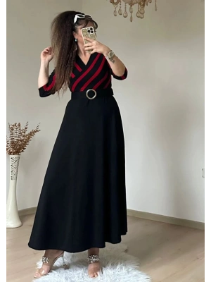 Kadın çizgi Detay Kruvaze Yaka Maxi Boy Triko Elbise