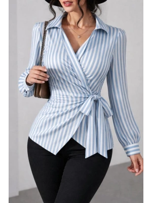 Kadın çizgili Kruvaze Bağlamalı Gömlek
