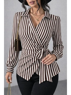 Kadın çizgili Kruvaze Bağlamalı Gömlek