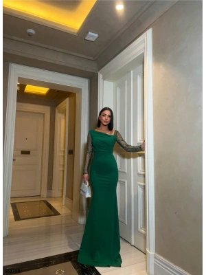 Kadın Dalgıç Krep Kumaş Kolları Tül Ve Taş Detaylı önü Drapeli Maxi Boy Elbise