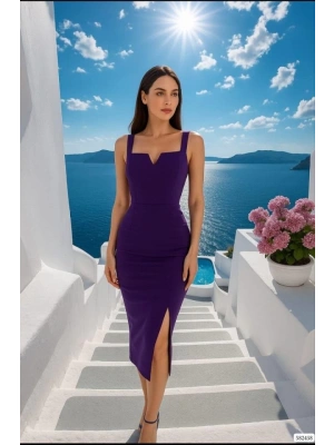 Kadın Dalgıç Krep Kumaş Yırtmaç Detaylı Midi Boy Elbise