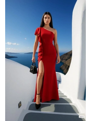 Kadın Dalgıç Kumaş Tek Omuz Askılı Yırtmaç Detaylı Maxi Boy Elbise