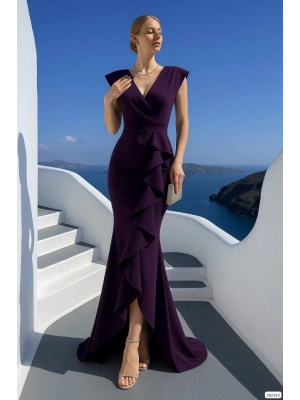 Kadın Dalgıç Kumaş V Yaka Fırfır Detaylı axi Boy Elbise