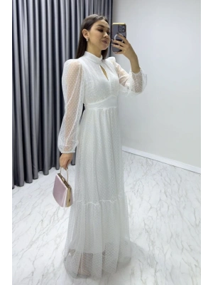 Kadın Damla Yaka ırt Dekolteli Astarlı Tül Elbise