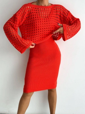 Kadın Delikli Kazak Askılı Elbise Triko Kumaş Ikili Takım