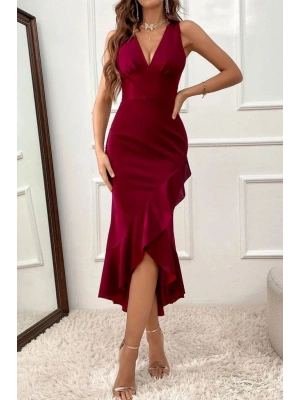 Kadın Derin V Yaka Etek Ucu önden Arkaya Volan Detay Ithal Krep Elbise