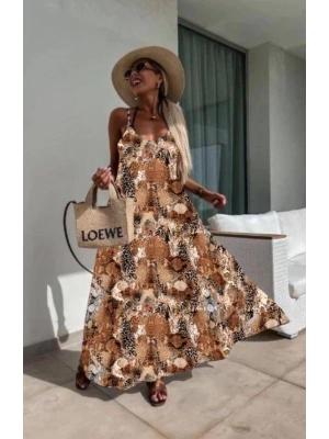 Kadın Dijital Baskılı uprem Kumaş Askılı Maxi Boy Elbise