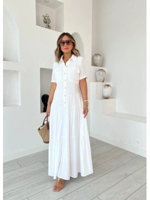 Kadın Dokuma Kumaş Cep Detaylı axi Boy Gömlek Elbise