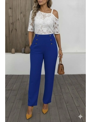 Kadın Düğme Detay Bol Paça Ithal Krep Pantolon