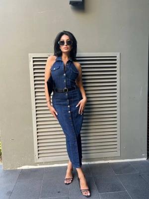 Kadın Düğme Detaylı Belden Kemerli ırt Dekolte Kot Elbise