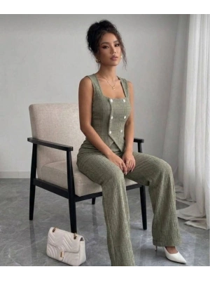 Kadın Düğmeli Bürümcük Kumaş Takım