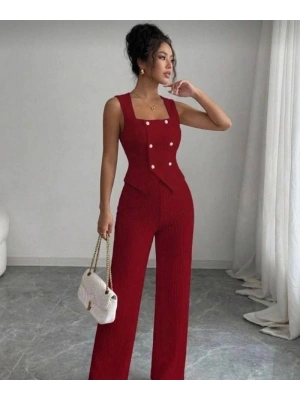 Kadın Düğmeli Bürümcük Kumaş Takım