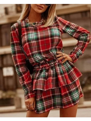 Kadın Ekose Kumaş Dijital Baskılı Uzun Kollu Mini Boy Elbise