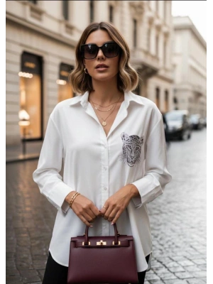 Kadın Leopar Baskılı Taş Işlemeli Jessica Kumaş Gömlek