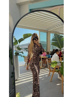 Kadın eopar Desenli Sırt Dekoltelı axı Boy Elbise