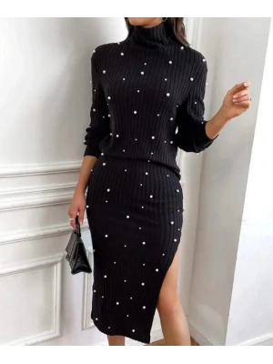 Kadın Eteği Yırtmaçlı Ottoman Kumaş Inci Detaylı Ikili Takım