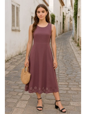 Kadın Etek Ucu Lazer Kesim çiçek Desenli Midi Boy Ithal Krep Elbise