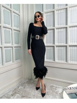 Kadın Etek Ucu Otriş Yakası Inci Detayli Midi Boy Elbise