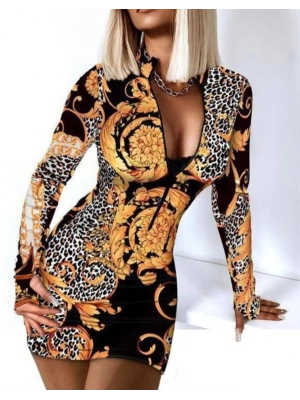 Kadın Fermuar Detay Dalgıç Kumaş Desenli Elbise