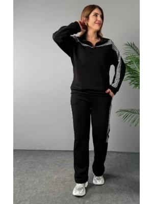 Kadın Fermuar Ve Ekose Detay weatshirt Ve Pantolon üç Iplik Kumaş Ikili Takım