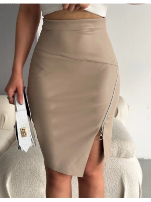 Kadın Fermuarlı Deri Kumaş Mini Etek