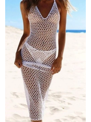 Kadın File Desen Tam Boy Askılı Triko Pareo