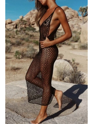 Kadın File Desen Tam Boy Askılı Triko Pareo