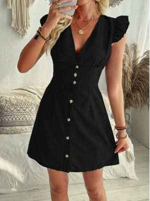 Kadın Fırfır Kollu V Yakalı Düğmeli Keten Elbise