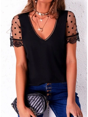 Kadın Flok Tül Kol V Yaka Sandy Bluz